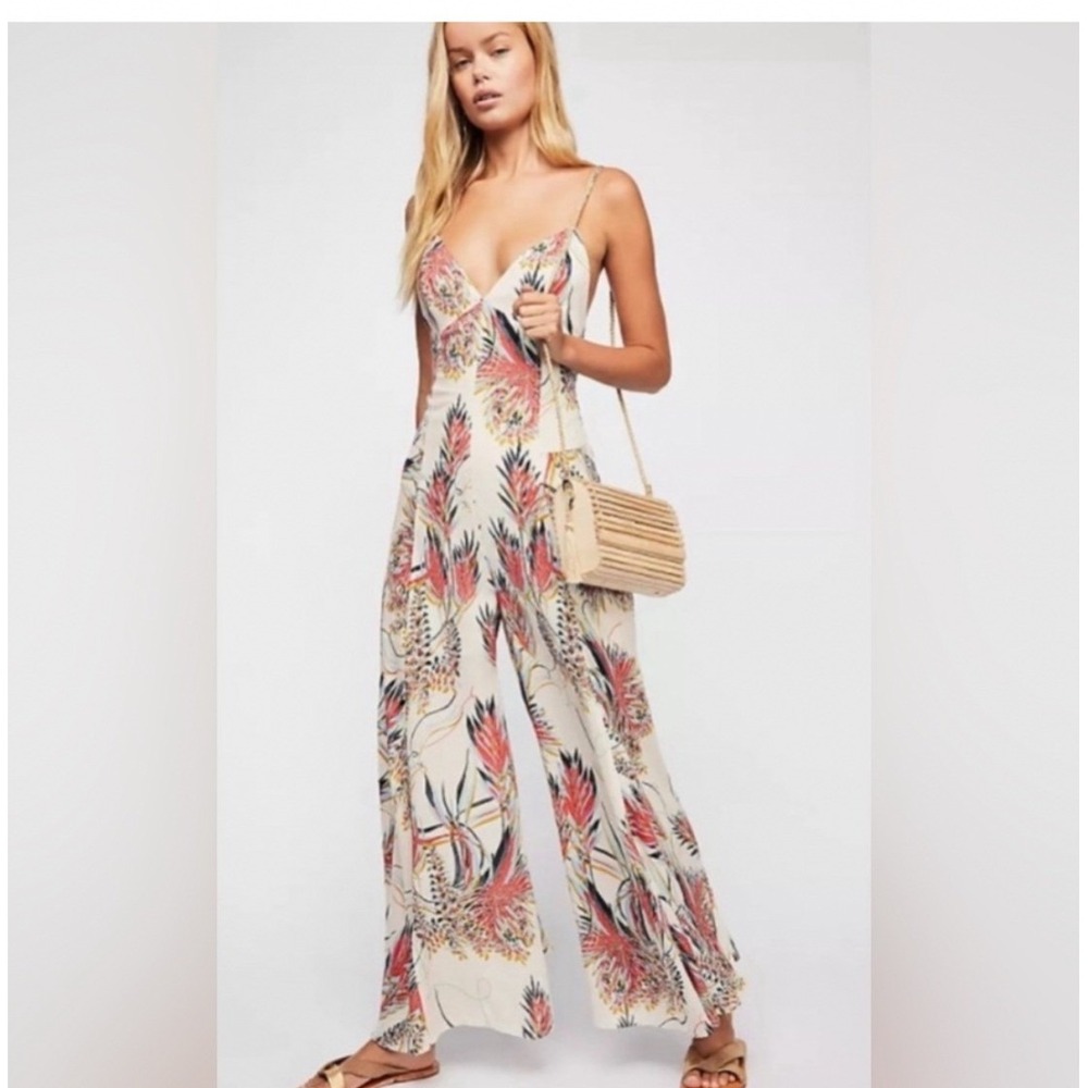 Free People Alissa Tropical Wide Leg Jumpsuit Cream Floral Size 6